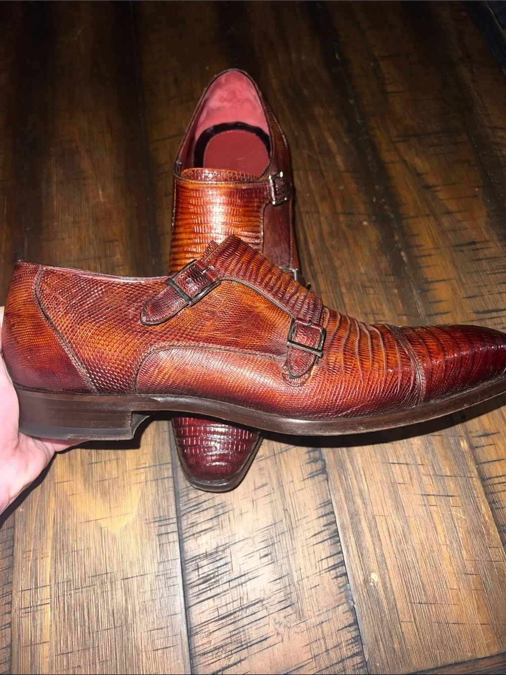 Magnanni Seleccion Brown Genuine Lizard Leather Double Monk Strap Dress Shoes